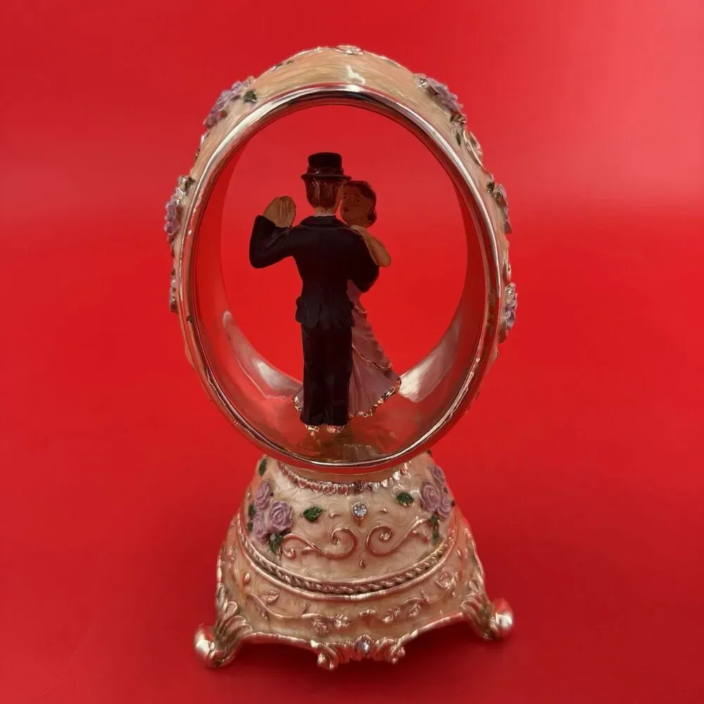 VTG Bride and Groom Wedding Cake Topper Music Box Egg Shape Cloisonné Figurine
